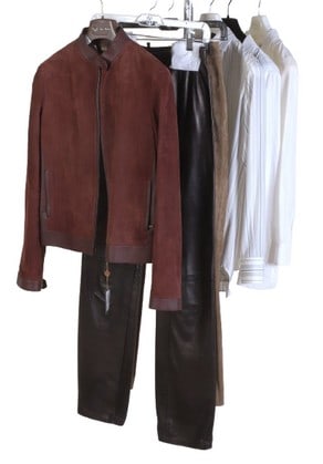 Loro Piana Suede Garments, Assorted Attire: Loro Piana Suede Garments, Assorted Attire to include a NWT port wine colored suede and leather jacket, made in Italy, size 42, black leather trousers, size 44, 25" waist, (3) silk and cotton button f