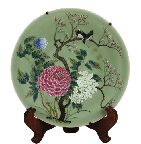 Chinese Celadon Porcelain Charger with Birds: Chinese Celadon Porcelain Charger with Birds, 16" dia, affixed to metal frame for hanging, 3-characters to front, in remnant gilt.