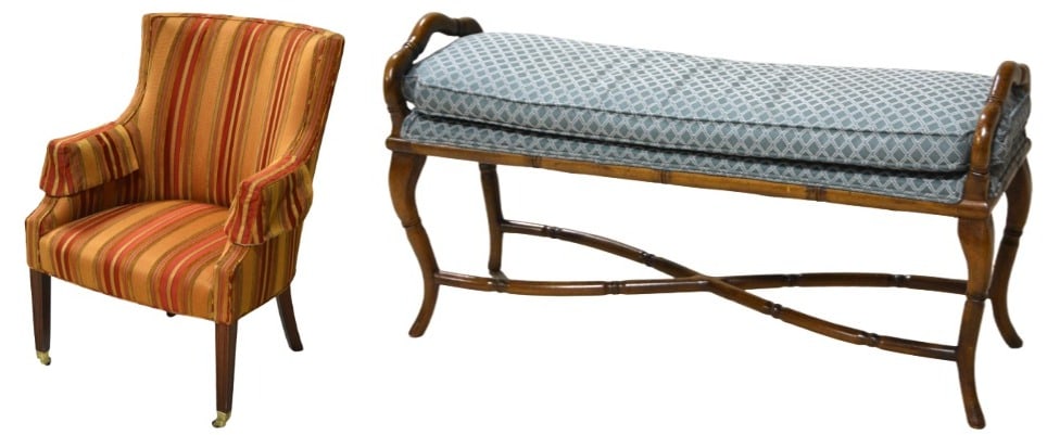 Louis XVI style upholstered lounge chair, Bamboo form upholstered window bench: Louis XVI style upholstered lounge chair, striped upholstery, tapered reeded feet, 36"h x 26"w x 24"d, along with Bamboo form upholstered window bench, decorative turquoise upholstery, bamboo form fra
