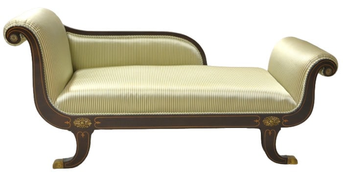 Directoire RAF chaise: Directoire RAF chaise, mahogany satin finish, inlaid, with bronze ormolu medallions, brass foot caps, green and cream striped upholstery, 33"H x 76"W x 26"D
