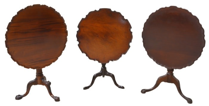 Lot of (3) pie crust edge tilt top tea tables: Lot of (3) pie crust edge tilt top tea tables, (1) walnut, chunk out of top edge, turned base, (3) Cabriole legs, 28"H x 30"Dia., (1) mahogany, birdcage missing key, acanthus carved pedestal base and