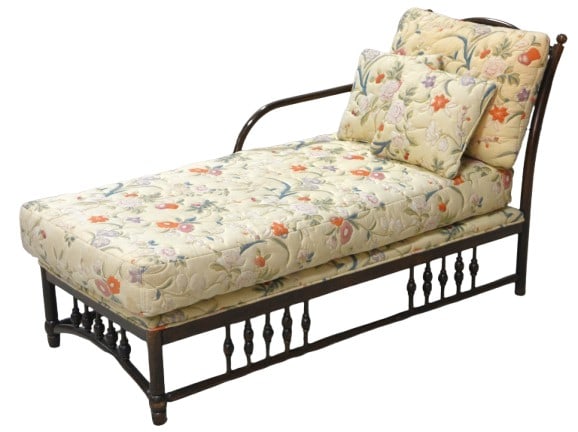 Carved walnut chaise lounge: Carved walnut chaise lounge, slatted back, floral upholstery, base with stick and ball decoration, 31"h x 59"w x 25"d, light wear to upholstery