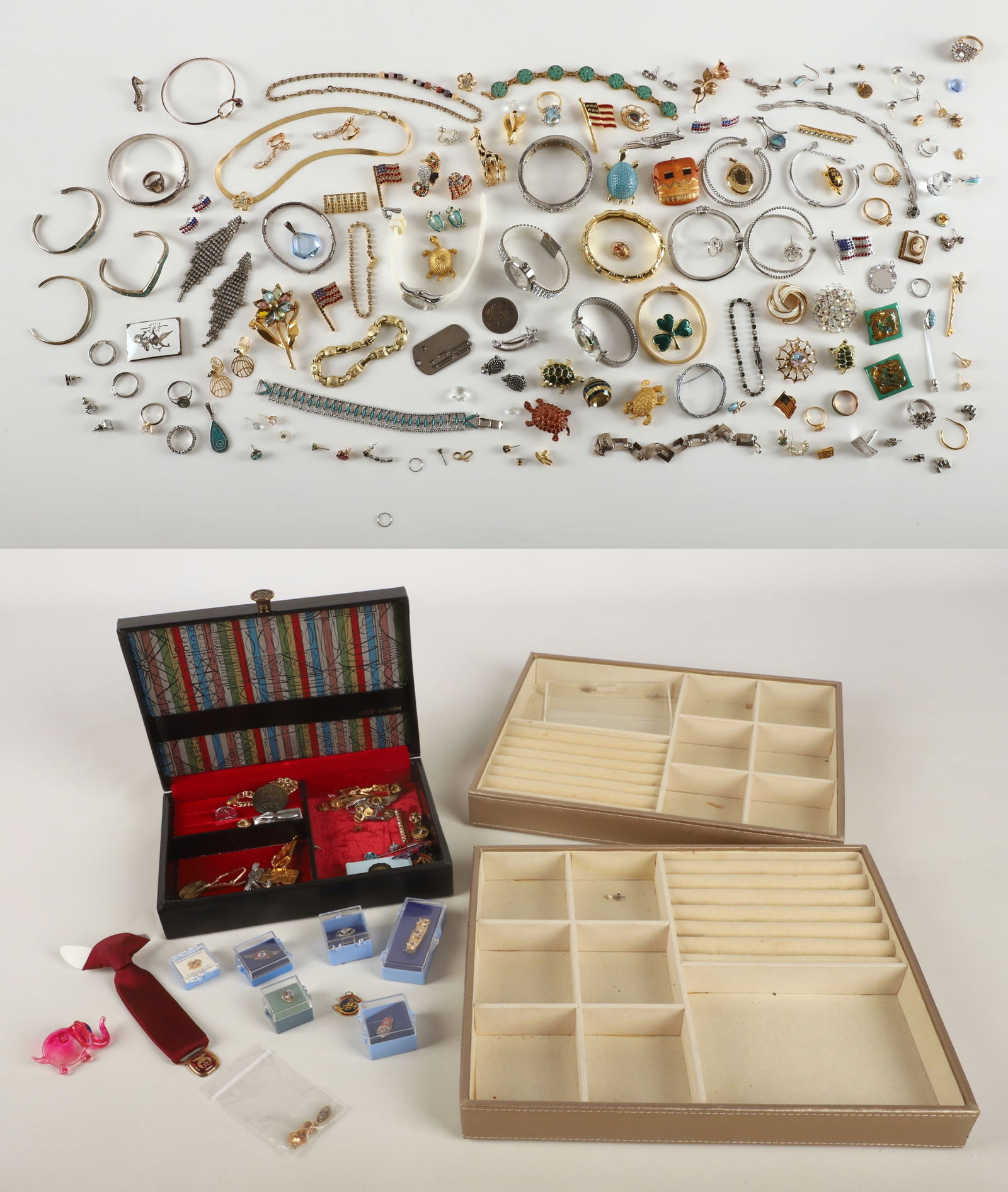 Collection of Vintage, Sterling and Costume Jewelry: Collection of Vintage, Sterling and Costume Jewelry, highlights include assorted sterling turquoise inlaid bracelets, sterling rings, costume turtle from brooches, Bucherer watch pendant, silver and g