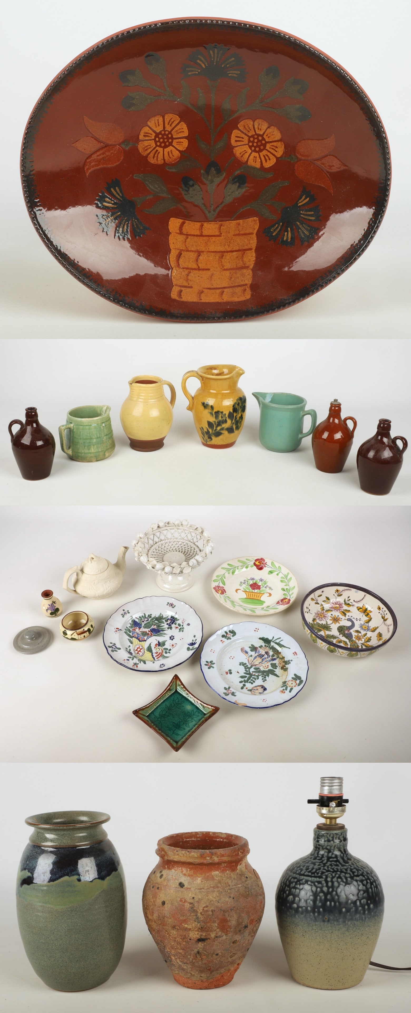 Pottery Grouping Including Redware, English Pottery: Pottery Grouping Including Redware, English Pottery to include Foltz Pennsylvania redware pottery oval bowl with flower pot decoration, coggled edge, impressed and signed on back "Ned Foltz Reinholds