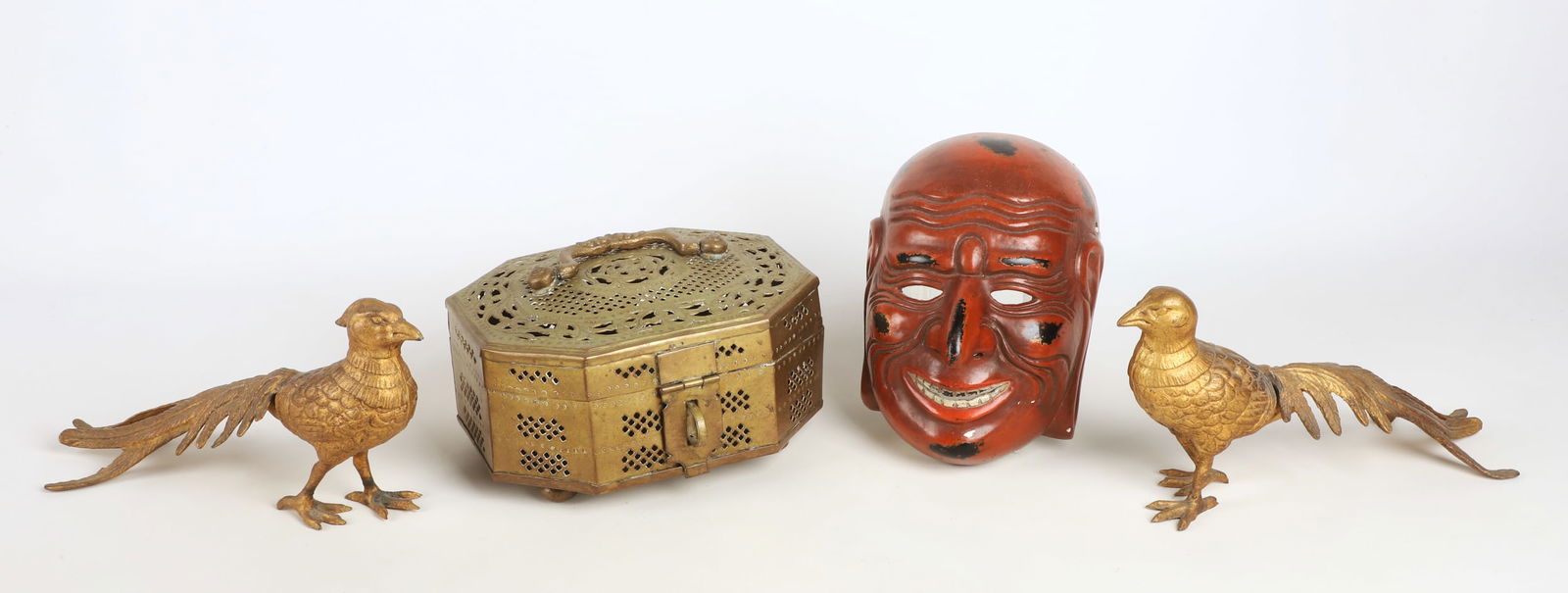 Papier Mache Noh Mask, Pierced Brass Box & Birds (1 of 10)
