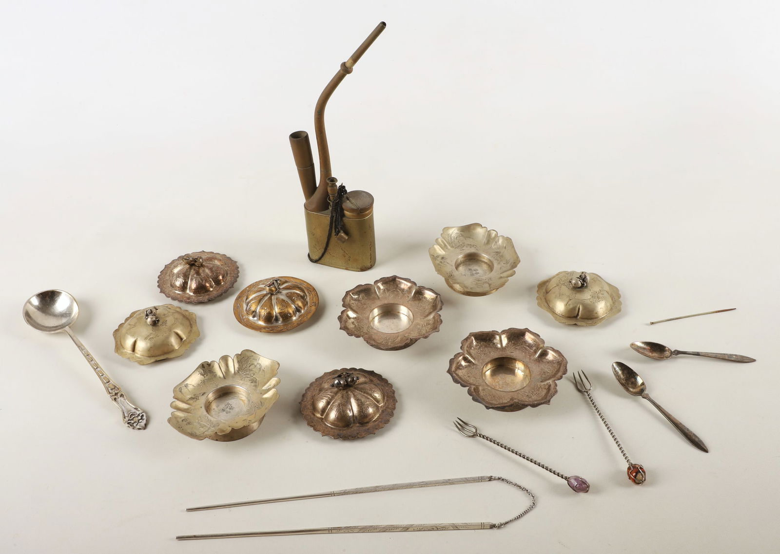 A Collection of Silver Tone Asian Dishes and Pipe (1 of 15)