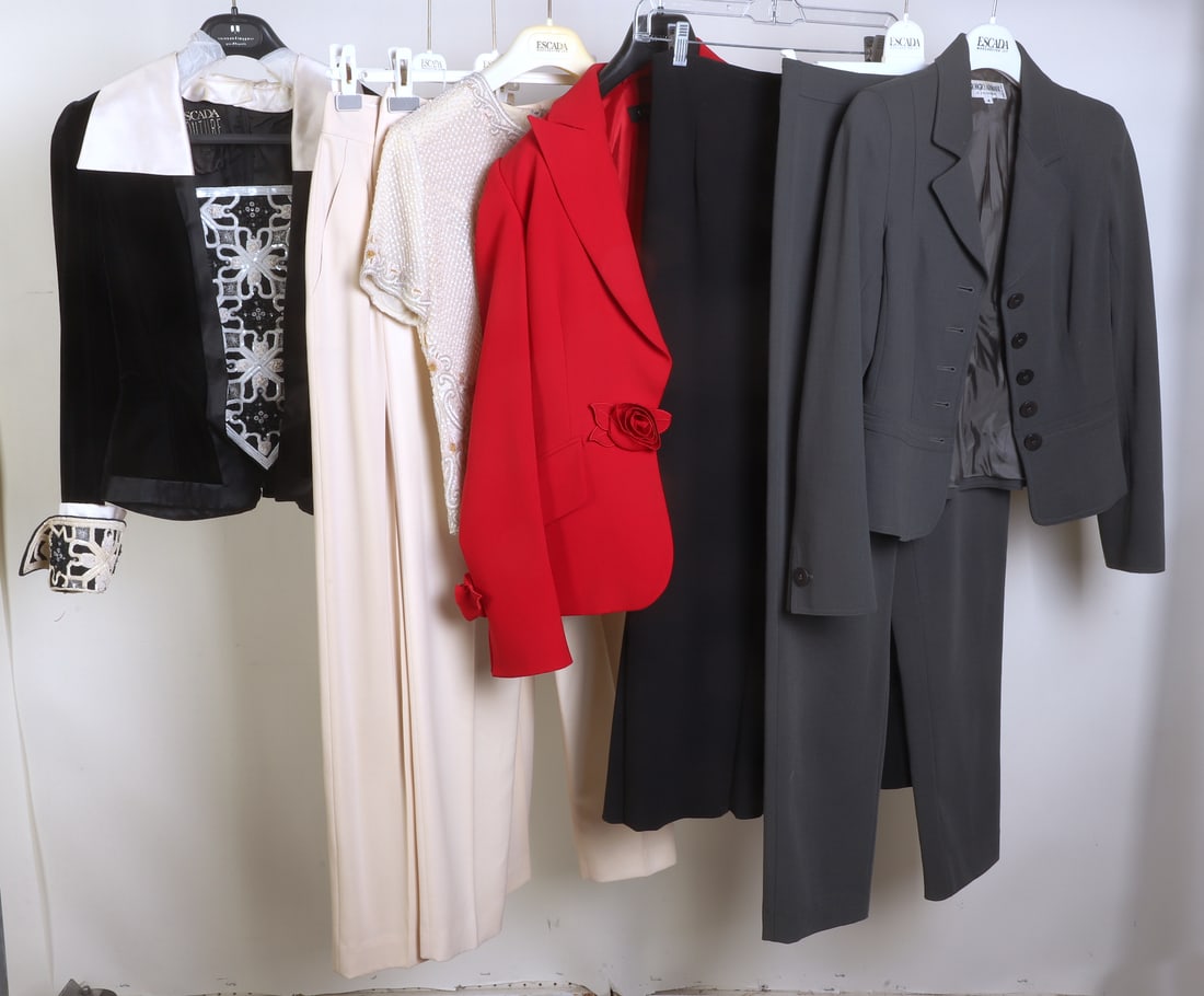 Escada and Armani Ladies Garment Group: Escada and Armani ladies garment group to include an Escada Couture black and white sequined silk and velvet blouse, large upturned cuffs, 30" chest, 25" waist, (2) pairs cream Escada trousers, 36, Es