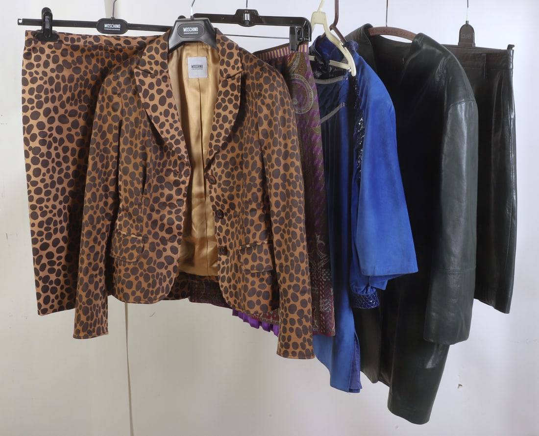 Ladies Designer Garment Group Incl. Vintage: Ladies Designer Garment Group Incl. Vintage c/o a Moschino Cheap and Chic leopard skirt suit, US 6, Etro wool and silk skirt, 40, Beltrami blue suede jacket and skirt ensemble in reptile/reptile style