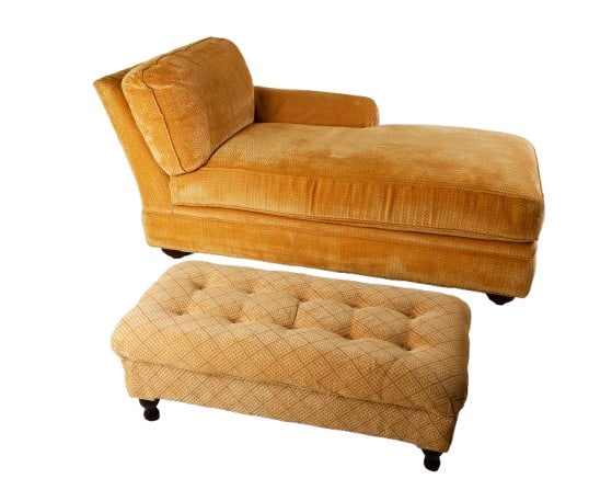 Contemporary upholstered chaise lounge w/ ottoman: Contemporary upholstered chaise lounge w/ ottoman, decorative yellow upholstery, right facing arm, on reeded bun feet, 35"h x 70"w x 34"d, along with decorative yellow upholstered ottoman on turned bu