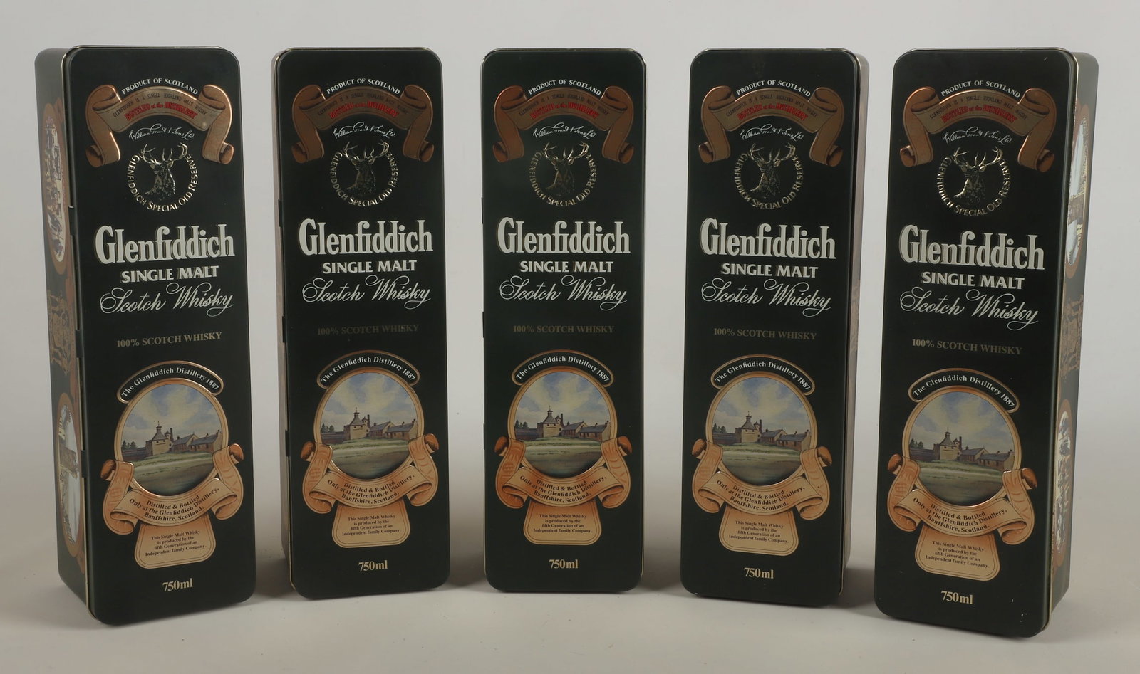 (5) Glenfiddich Special Old Reserve in Tins: (5) Glenfiddich Special Old Reserve in Tins, stored in an underground wine cellar.
