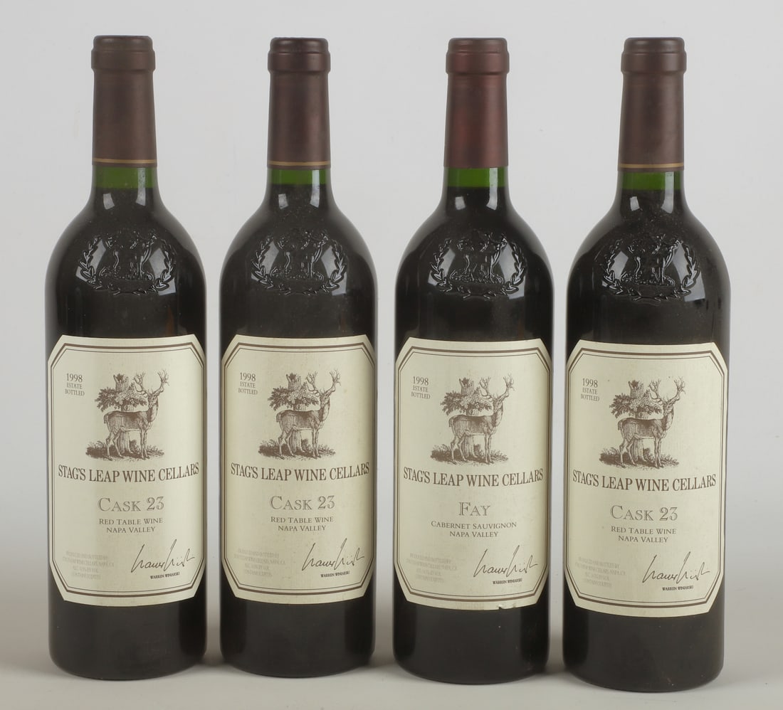 (4) Bottles Stags Leap Wine Cellars: (4) Bottles Stags Leap Wine Cellars to include (3) 1998 Cask 23, (1) 1998 Fay, 750 ML, stored in an underground wine cellar.