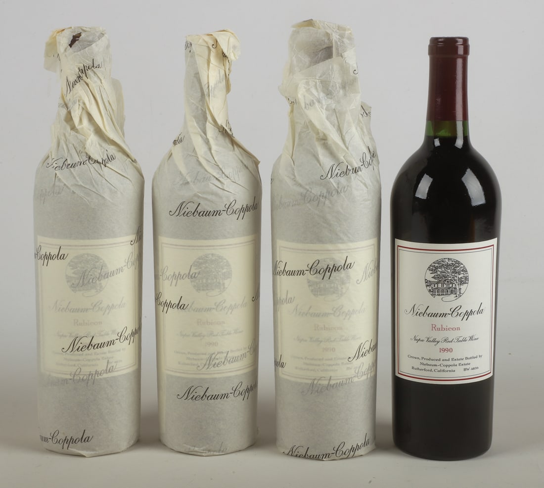 (4) Bottles 1990 Niebaum-Coppola Rubicon: (4) Bottles 1990 Niebaum-Coppola Rubicon, 750 ML, stored in an underground wine cellar.
