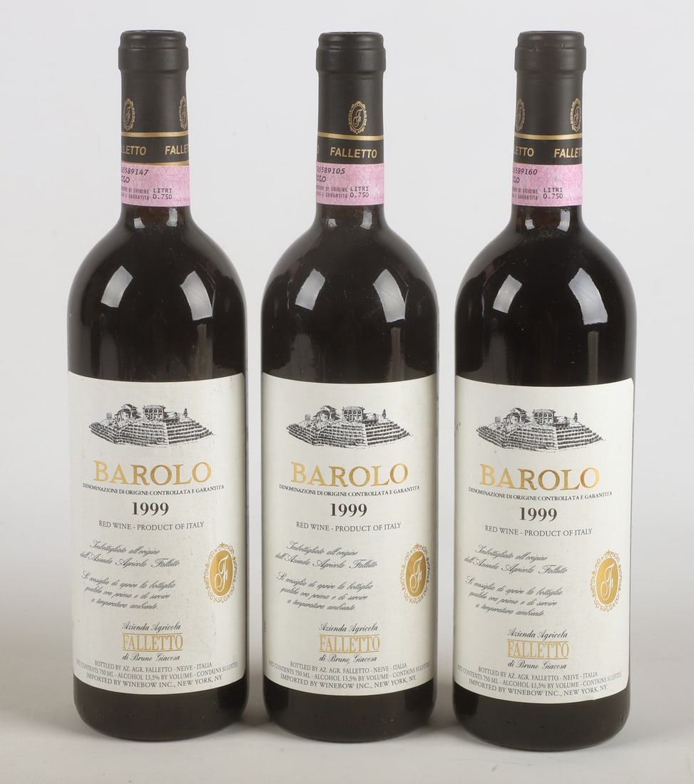 (3) 1999 Falletto di Bruno Giacosa Barolo: (3) 1999 Falletto di Bruno Giacosa Barolo, stored in an underground wine cellar.