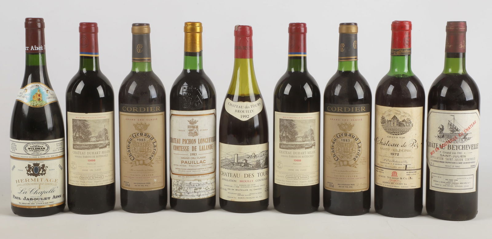 (9) Bottles of French Wine: (9) Bottles of French Wine to include (2) 1988 Chateau Duhart-Milon Domaines Barons de Rothschild, 1972 Chateau de Pez Saint-Estephe, (2) 1983 Chateau Gruaud Larose grand cru classe, (1) 1983 Chateau