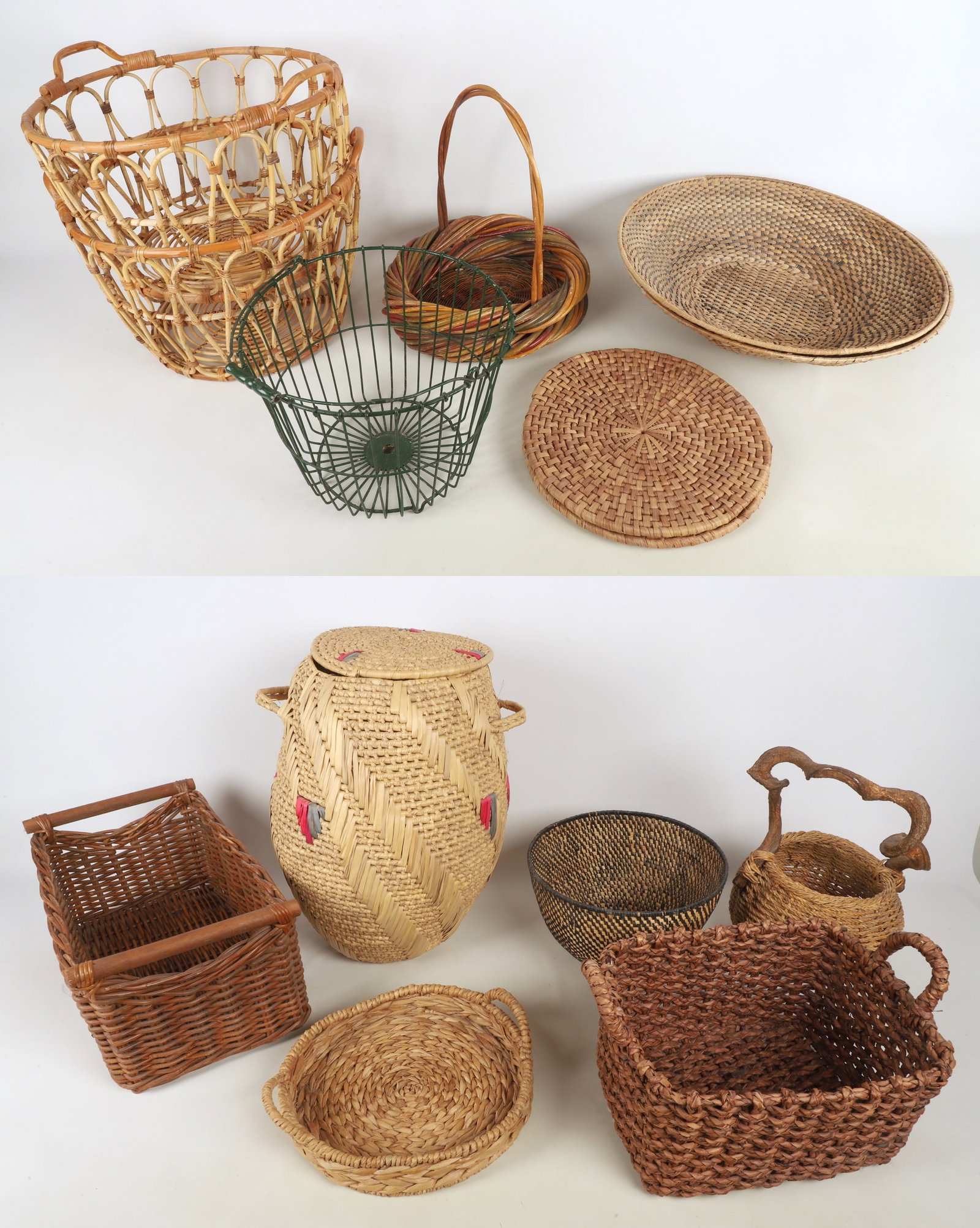 A Large Collection of Assorted Baskets: A large collection of assorted baskets, as shown