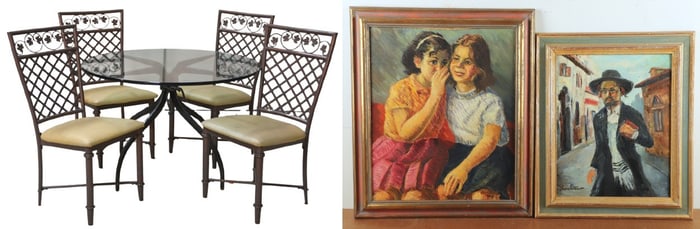(5) pc metal breakfast set & Savu Petra Dan (2) Oil Paintings
