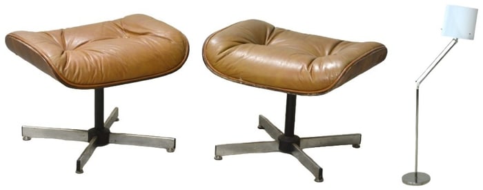 Pair Eames style leather footstools & Modern Design chrome adjustable floor lamp