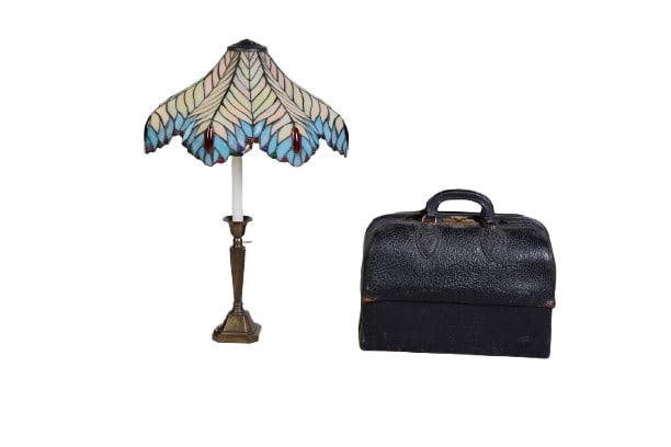 Tiffany style leaded glass table lamp,  leather doctor's bag (1 of 8)