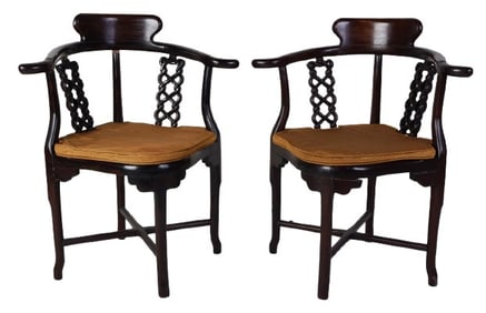 Pair Chinese carved elmwood corner chairs