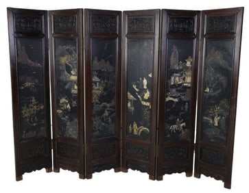 Chinese paint decorated and carved 6-panel screen