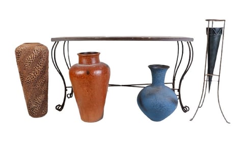 Console Table and (4) Large Vessels