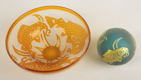 Steven Correia Cameo Glass Bowl and Weight