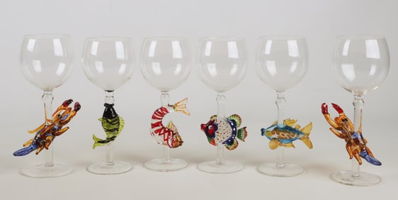 (6) Art Glass Sea Themed Goblets