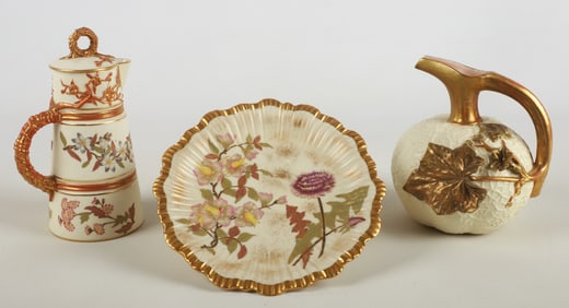 (3) 19th C Royal Worcester Chocolate Pot, Pitcher, Plate