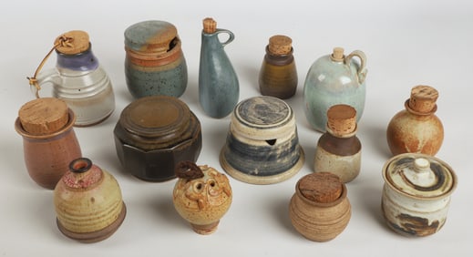 A Collection of Studio Pottery Corked Bottles and Jars
