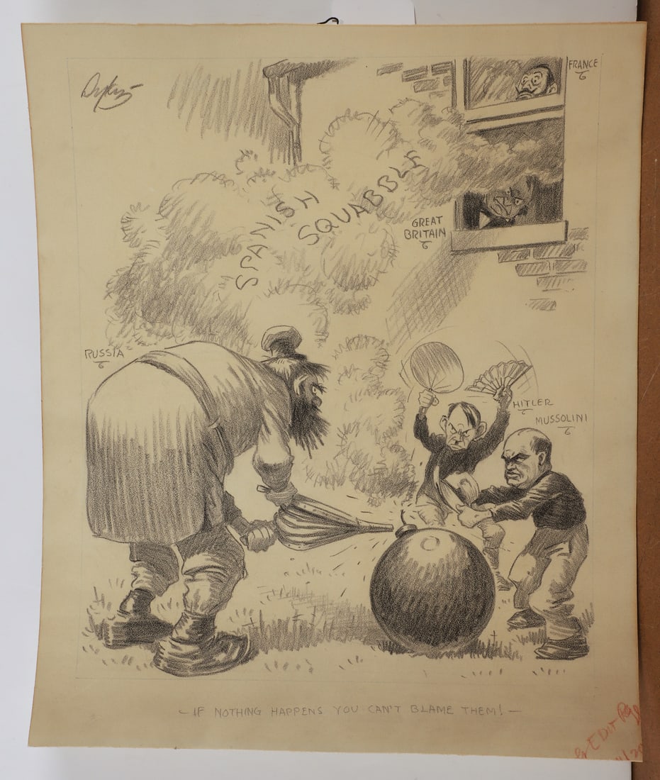 Charles Henry Sykes Political Cartoon Illustration: Charles Henry Sykes (American, 1882-1942) political cartoon illustration "If Nothing Happens You Can't Blame Them" depicting Hitler, Mussolini, and Russia fanning the flames of a time bomb as France a