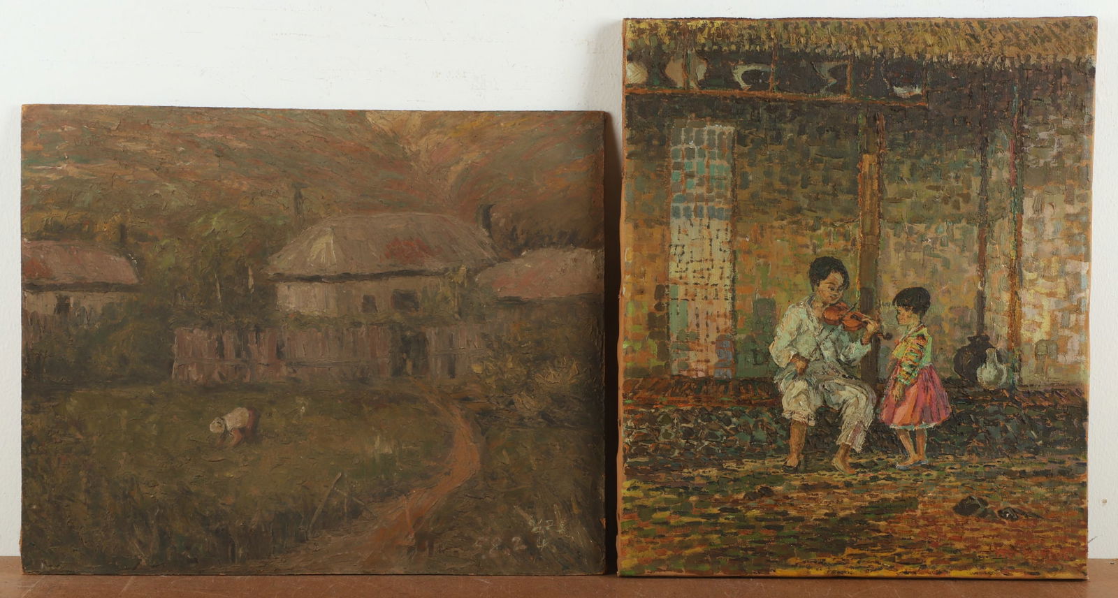 (2) Asian Oil Paintings: (2) Asian oil paintings, landscape with figure, oil on masonite, signed illegibly lower right, 15" x 18-3/4"; violinist and girl, oil on canvas, signed illegibly lower right, 18" x 15"; unframed, good