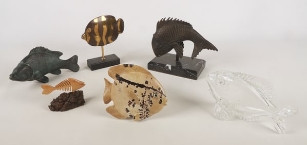 (6) Art Glass, Bronze, Stone and Wood Fish Sculptures