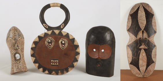 (4) Carved Wood African Masks and Shield