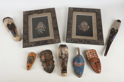 (9) Framed and Carved Wood African Masks
