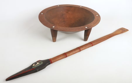 Carved MOP Inlaid Bowl and NW Coast Oar Style Carving