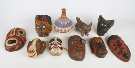 Mexican and Style Masks and Pottery Pieces