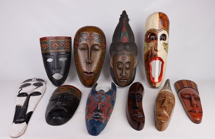 (10) Wood Carved and Painted African Style Masks