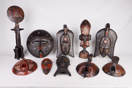 (10) Wood Carved and Painted African Style Masks