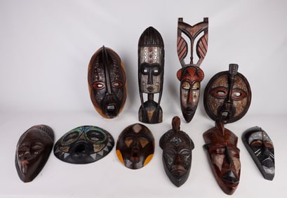 (10) Wood Carved and Painted African Style Masks
