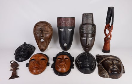 (10) Wood Carved and Painted Metal Masks