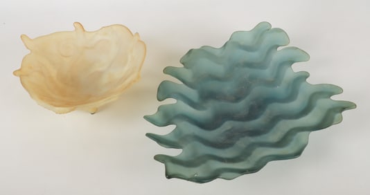 (2) Satin Glass Sea-Life Sculptures and Bowl