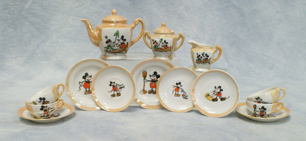Vintage Disney Mickey Mouse lustreware child's t: Vintage Disney Mickey Mouse lustreware child's teaset, 14 pieces, missing one saucer
