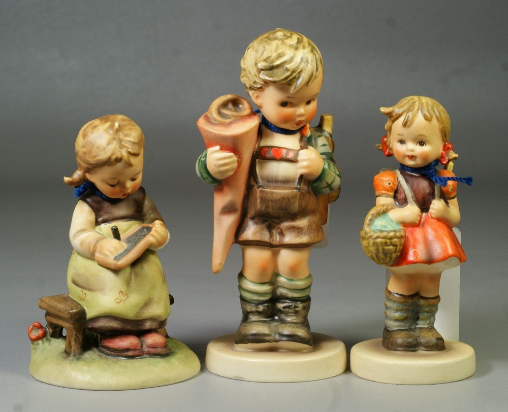 (3) Goebel Hummel Figurines, Little Scholar (sma: (3) Goebel Hummel Figurines, Little Scholar (small chip to base), No 80, TMK-3, School Girl, No 81 1/0, TMK-3, Busy Student, No 367, TMK-7, tallest 5 1/2"