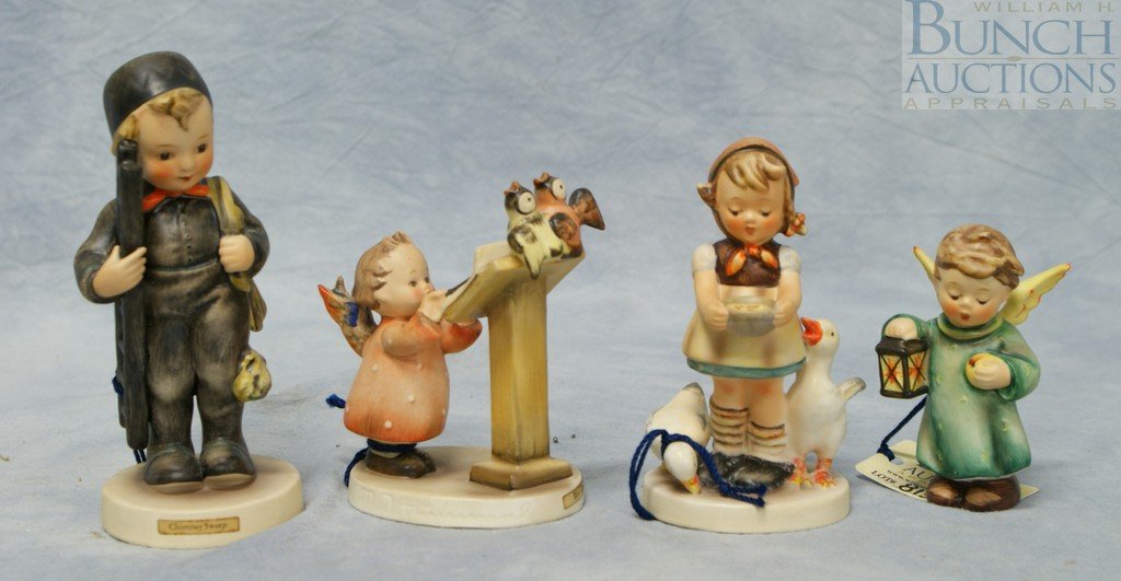 (4) Hummel figurines, Chimney Sweep, No 12/1, TMK: (4) Hummel figurines, Chimney Sweep, No 12/1, TMK-3, Bird Duet, No 169, TMK-3, Goodnight Angel , No 214/C, TMK-4, Be Patient, No 197 2/0, TMK-4, tallest 5 1/2"