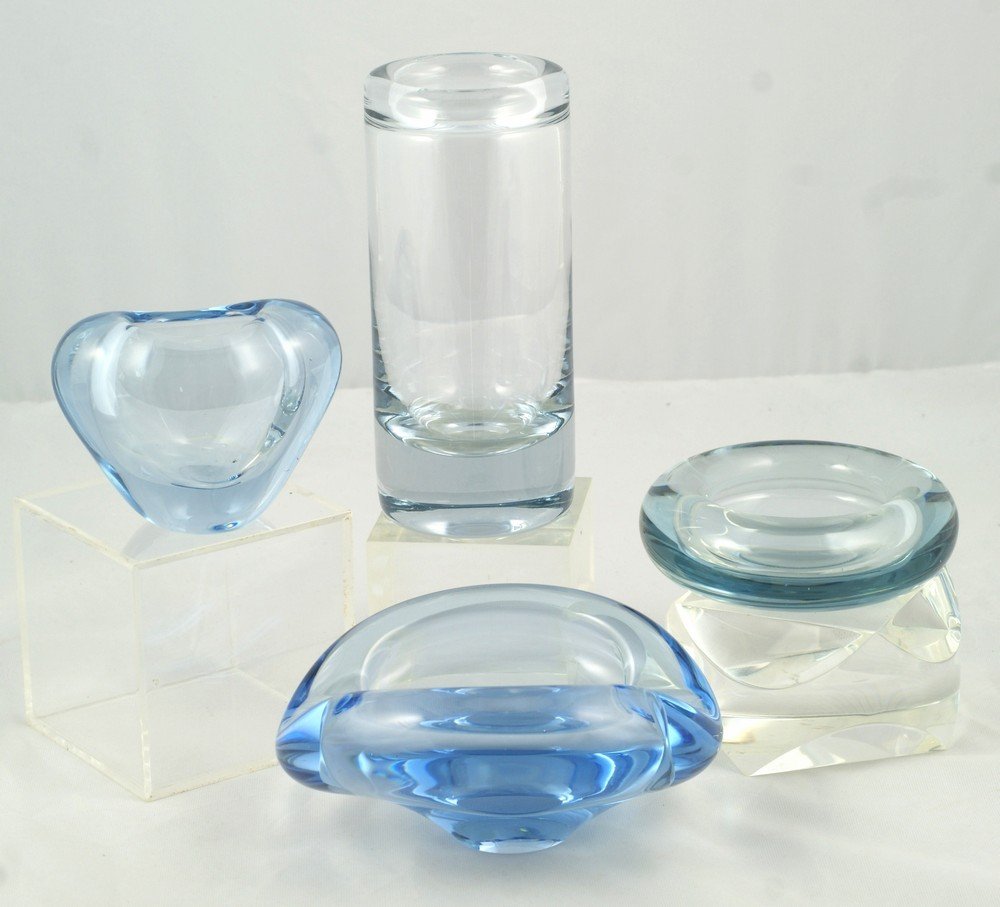 4 Holmegaard Art Glass pcs, all signed and 3 date: 4 Holmegaard Art Glass pcs, all signed and 3 dated on bottom (water glass 1950, candle holder 1961, and small vase 1956), tallest 6"