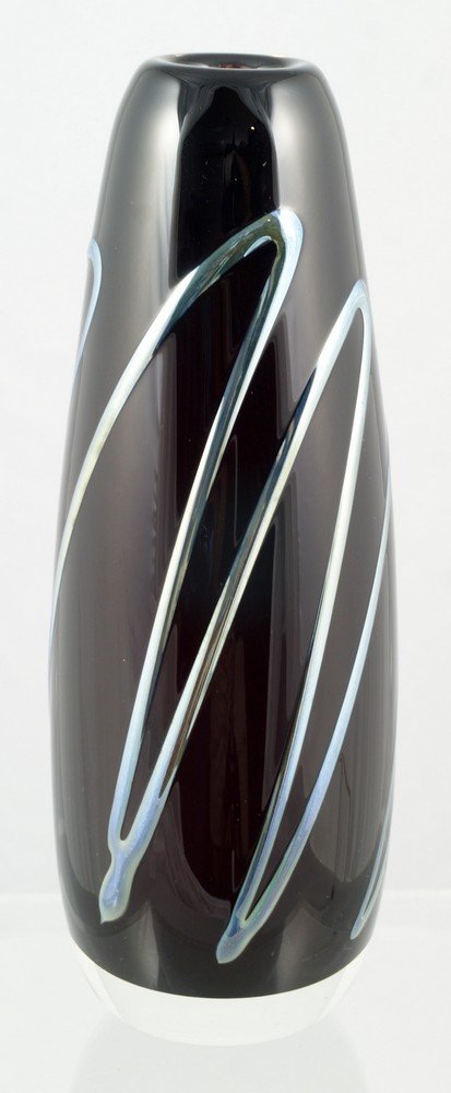 James Kingwell Art Glass Vase, Amethyst with irid: James Kingwell Art Glass Vase, Amethyst with iridescent swooping lines, signed "Kingwell Ice Fire 940720", 8-3/4" high