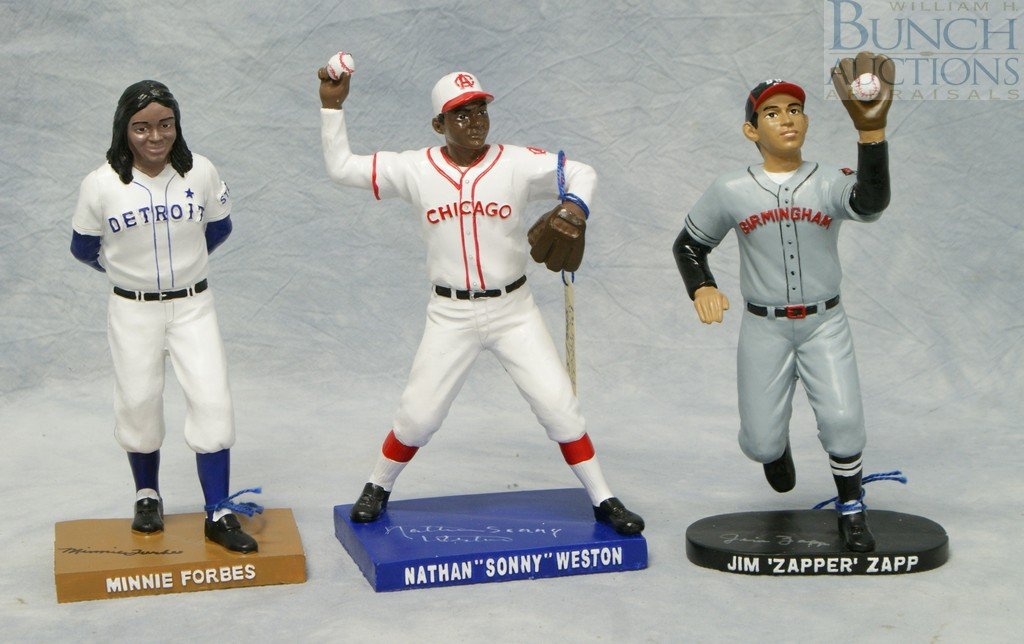 (3) Hartland of Ohio Negro Legends Series signed: (3) Hartland of Ohio Negro Legends Series signed baseball figures, Minnie Forbes - Owner, Jim "Zapper" Zap, Nathan "Sonny" Weston, tallest 9"