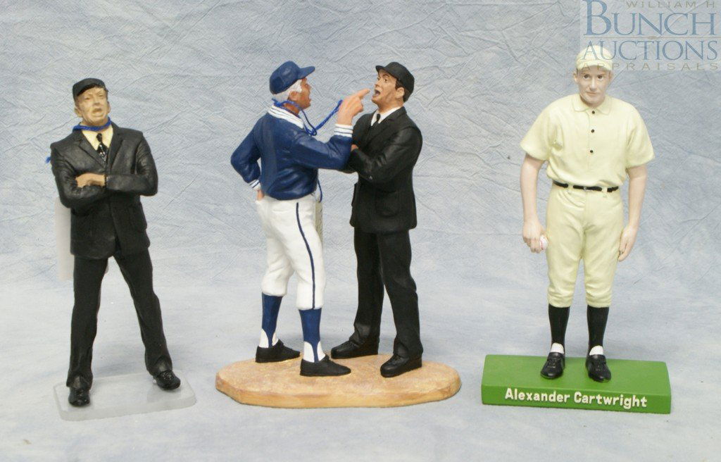 (3) Hartland of Ohio baseball figures, The Confro: (3) Hartland of Ohio baseball figures, The Confrontation, Alexander Cartwright, umpire on lucite stand, tallest 8 1/2"