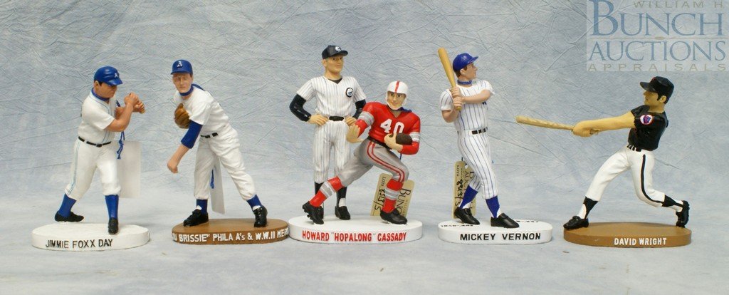 (5) Hartland of Ohio baseball figures, Lou Brissi: (5) Hartland of Ohio baseball figures, Lou Brissie, David Wright, Mickey Vernon, Jimmie Foxx (missing bat), Howard "Hopalong" Cassady (football & baseball double figurine), tallest 7 1/2"