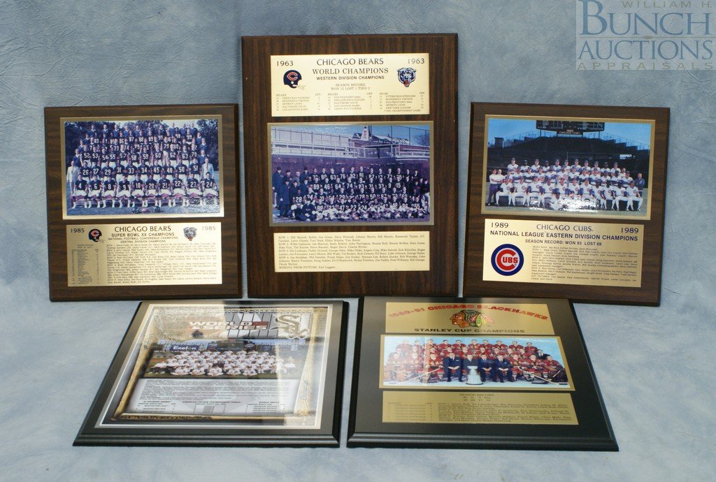 (5) Sports plaques, 1989 Chicago Cubs National Ea: (5) Sports plaques, 1989 Chicago Cubs National Eastern Division Champs, 1985 Chicago Bears Super Bowl XX Champions, 1963 Chicago Bears World Champions, 1960-61 Chicago Black Hawks Stanley Cup Champion